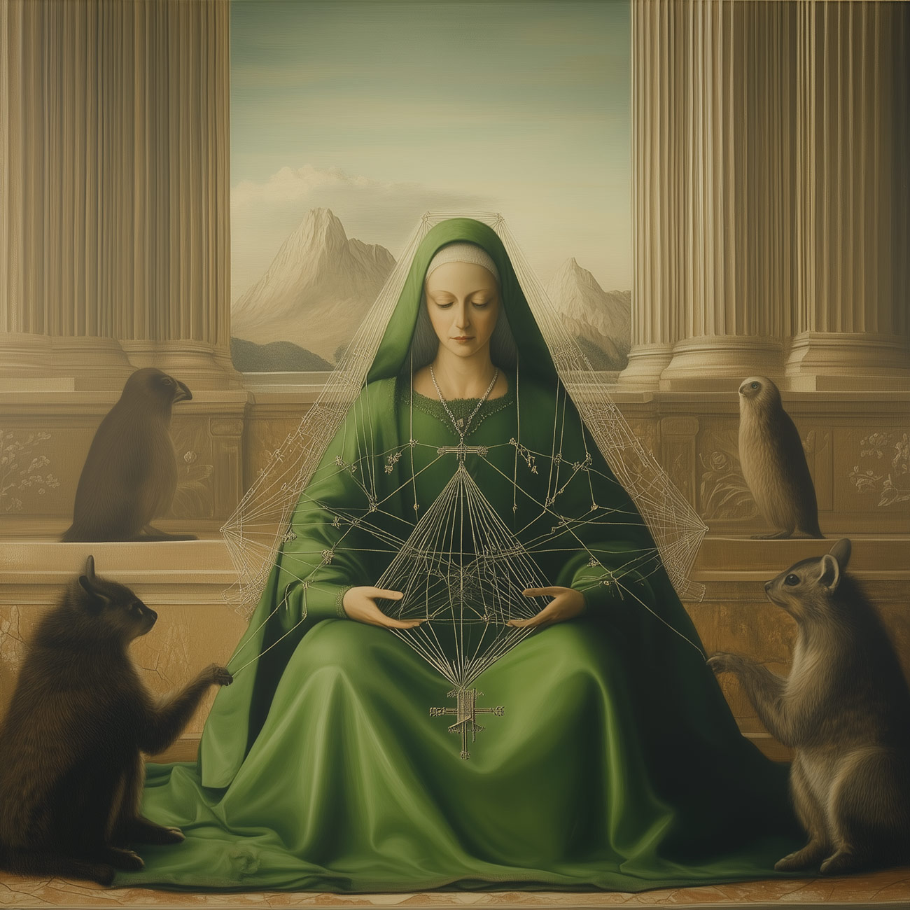 A geometer in a Greek temple with mystery animals.