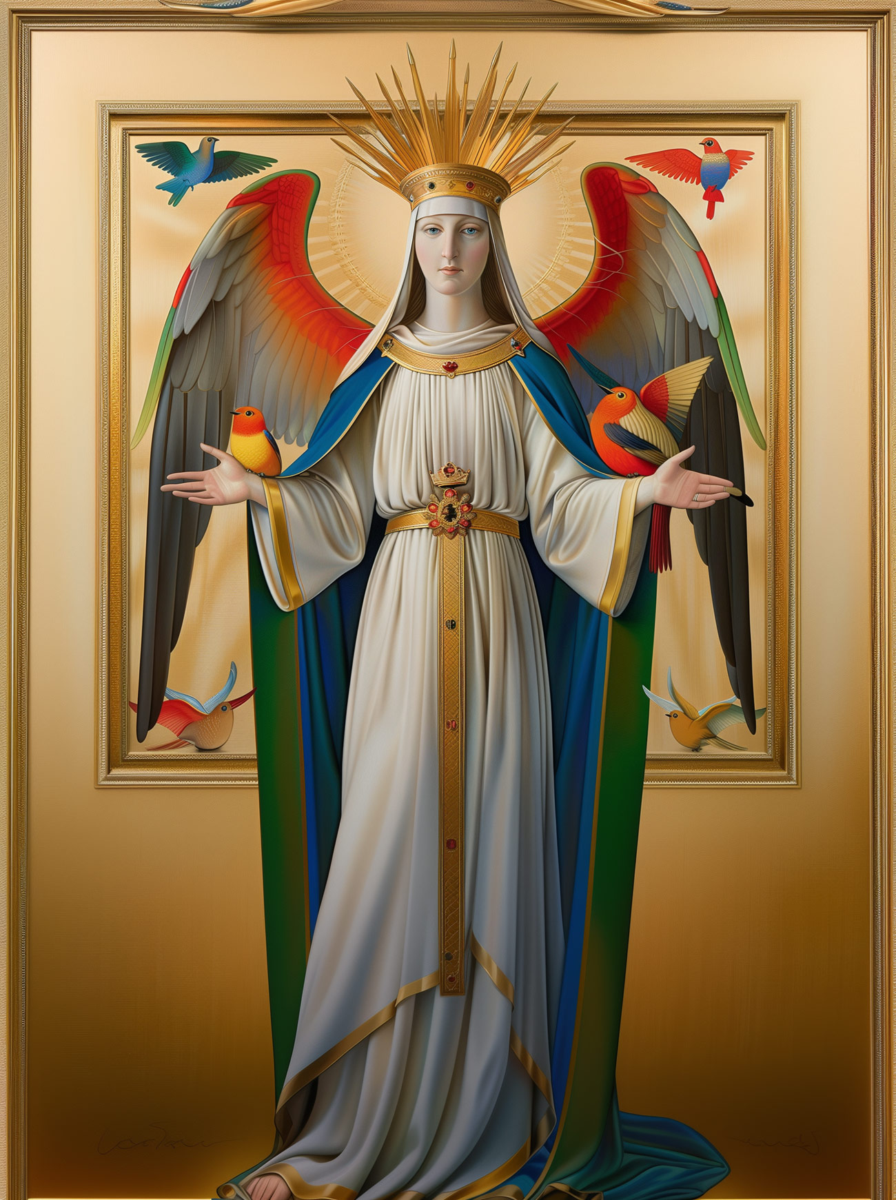 A winged saint with birds and a crown.