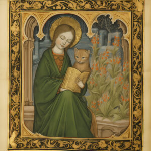 A saint with a book and a cat.