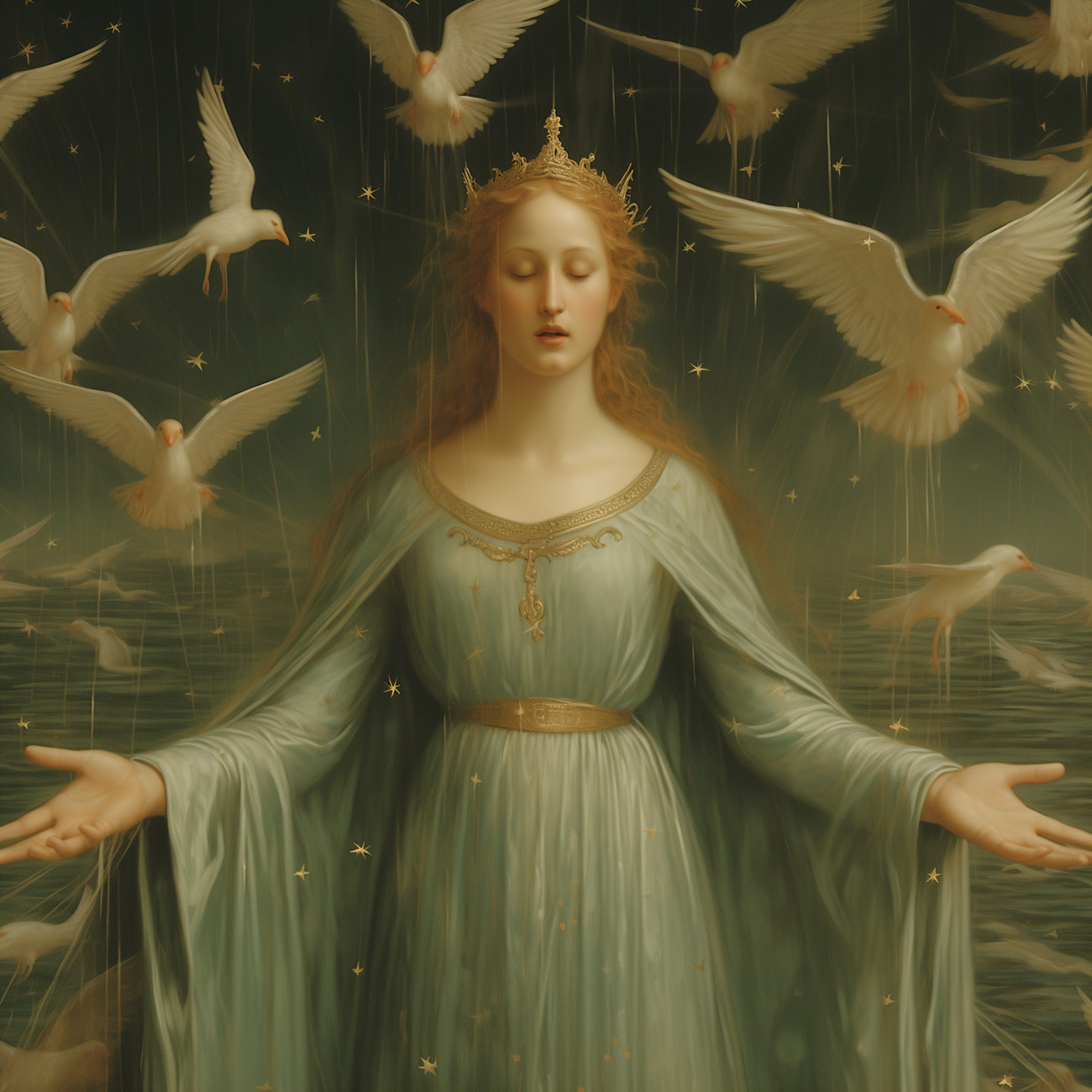 A saint in green with birds.