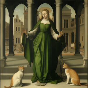 A Renaissance saint in green with cats.