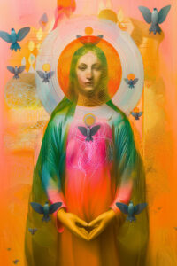 A stylized female saint with a halo.