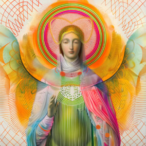 A stylized female saint with a halo.