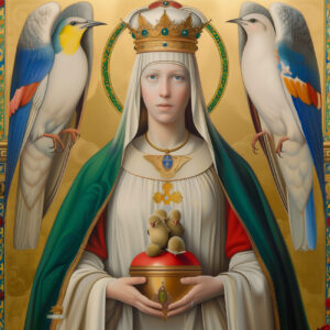 A saint in white and green with birds and a crown.