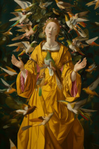 A saint in yellow with birds.