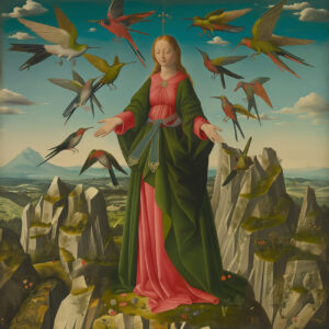 A saint in green and red with birds.