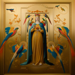 A saint in gold and blue with colorful birds.