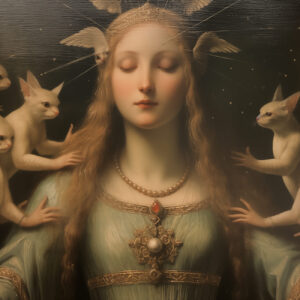 A closeup of a saint with small ambiguous animals.
