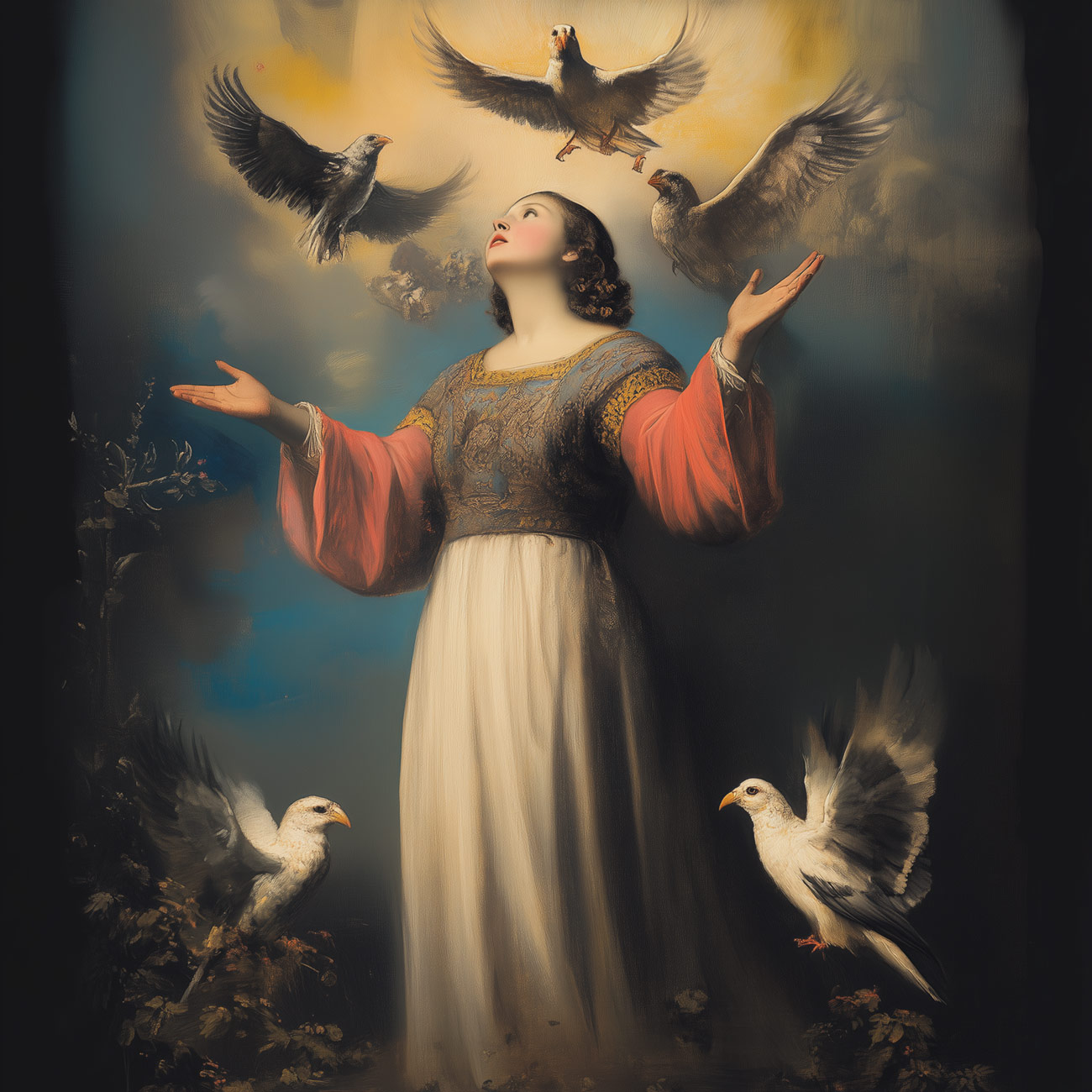 A saint with large birds.