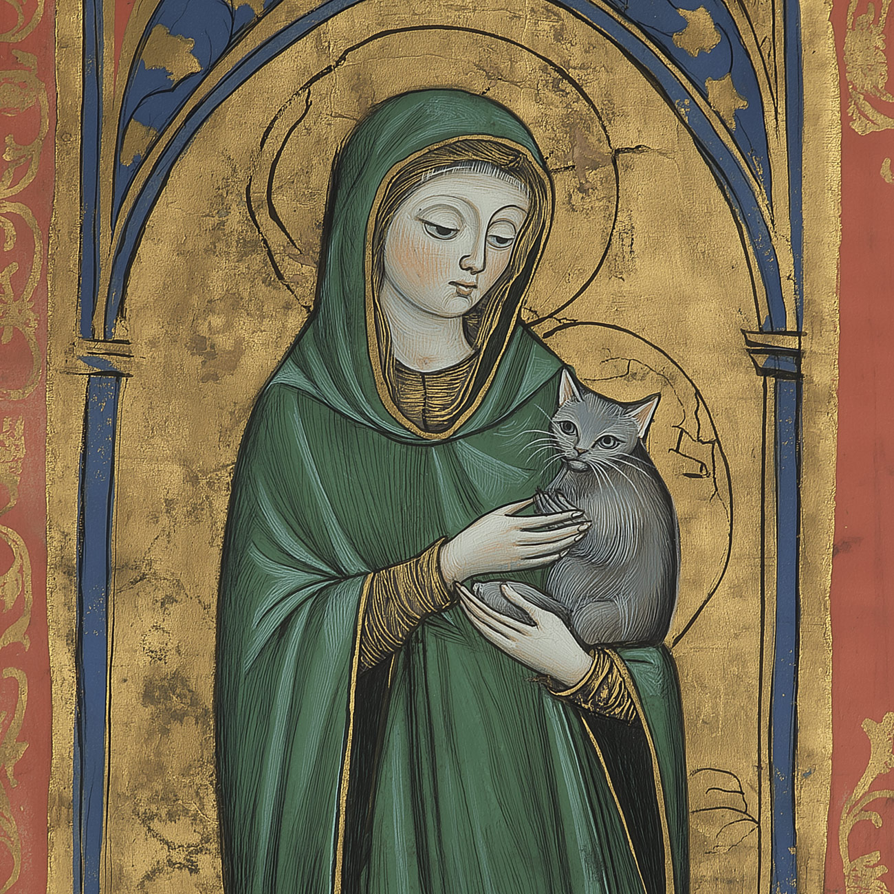 A Medieval saint with a cat.