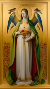 A winged saint in gold with birds.