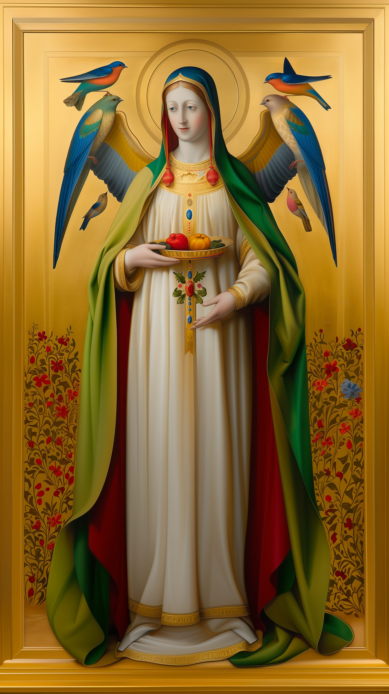 A winged saint in gold with birds.