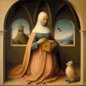 A saint with a small ambiguous animal.