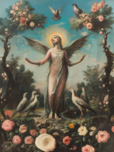 A winged saint with birds and roses.