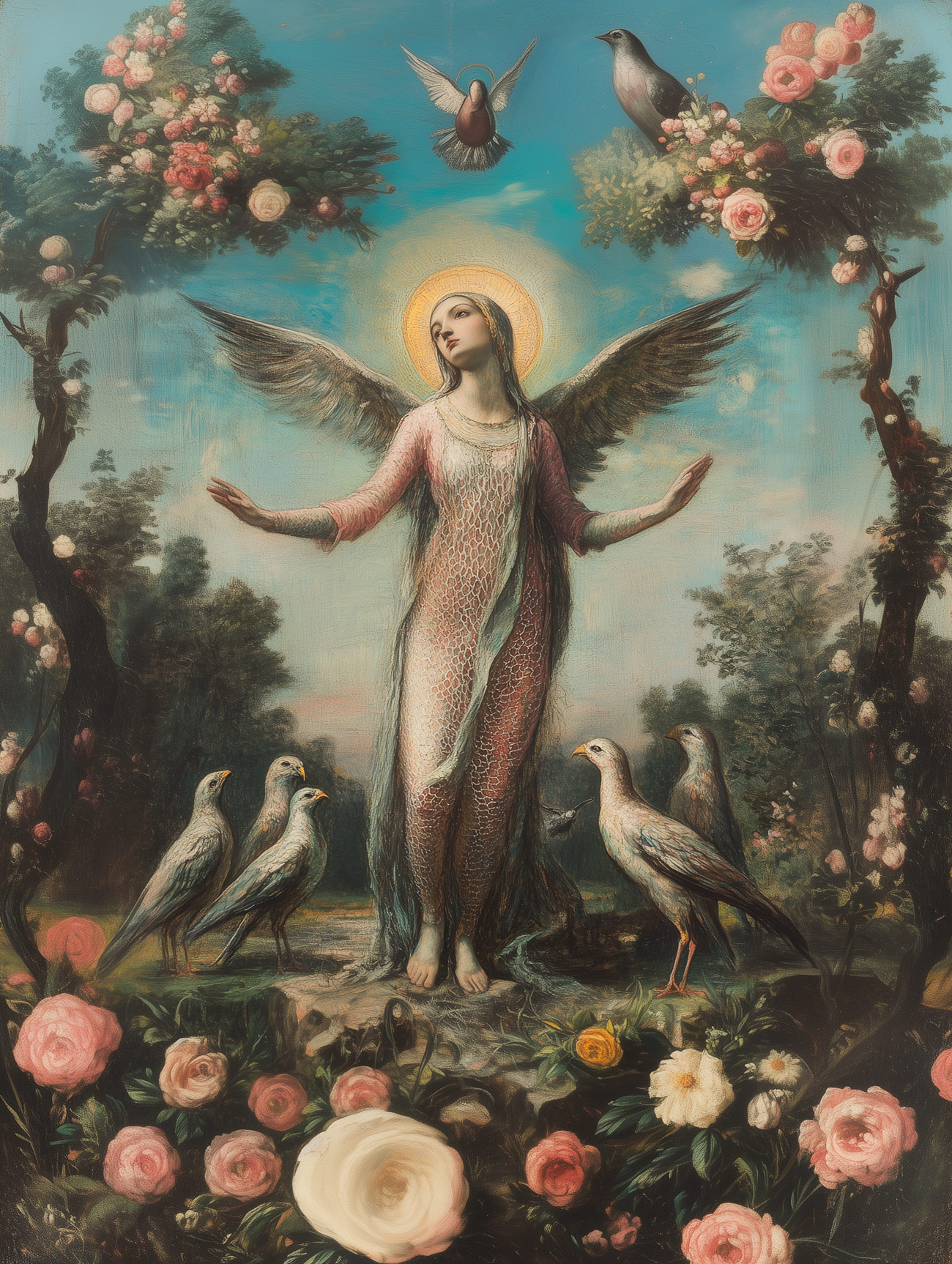 A winged saint with birds and roses.