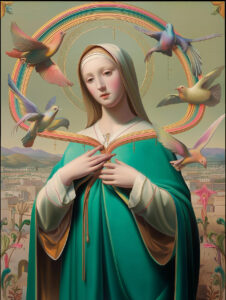 A saint with birds and ribbons.
