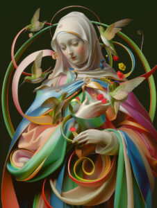 A saint with birds and ribbons.