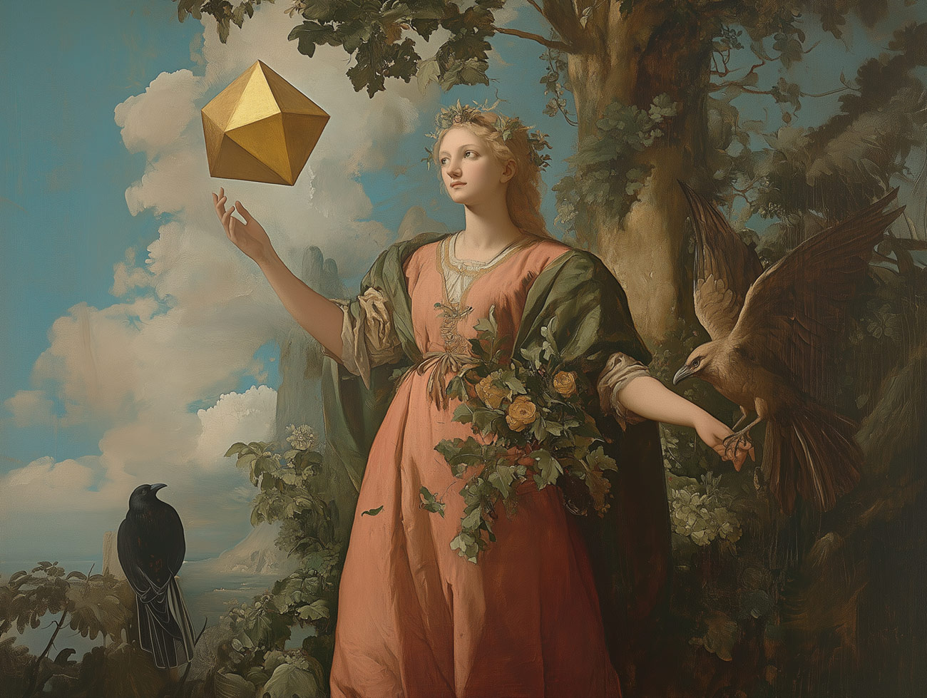 A geometer in a landscape with birds.