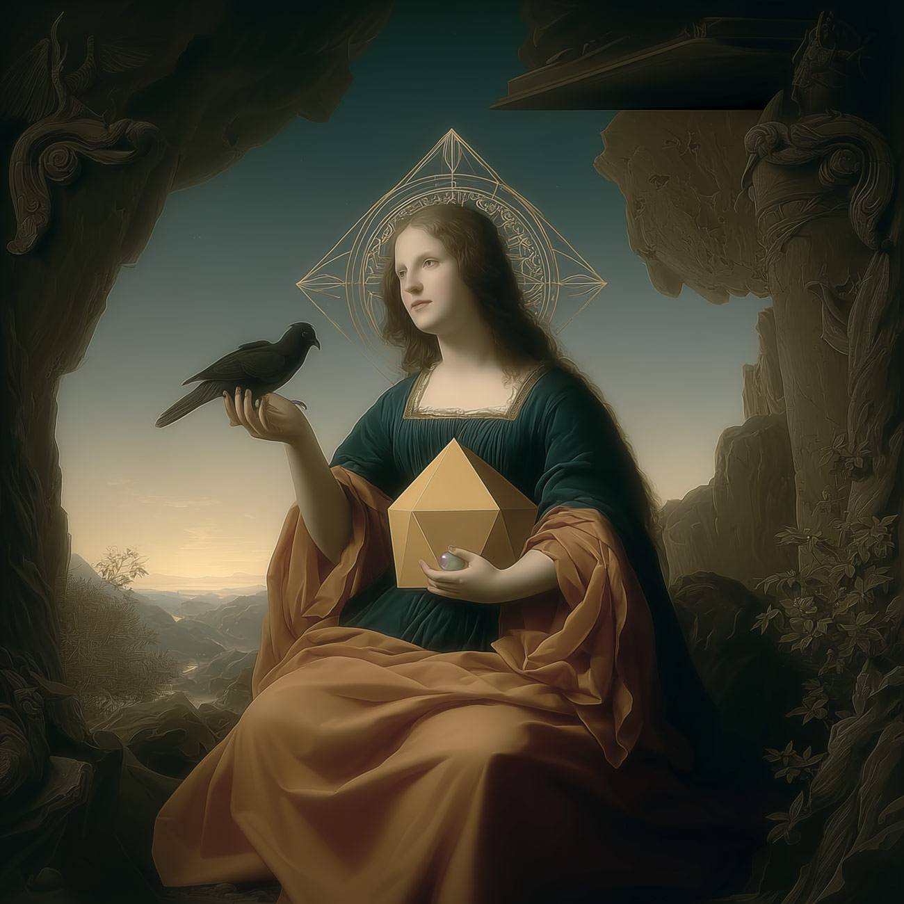 A geometer with a bird in a landscape.