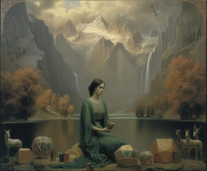 A geometer by a lake in a landscape.