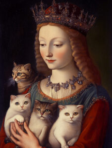 A wavy-haired queen with cats.