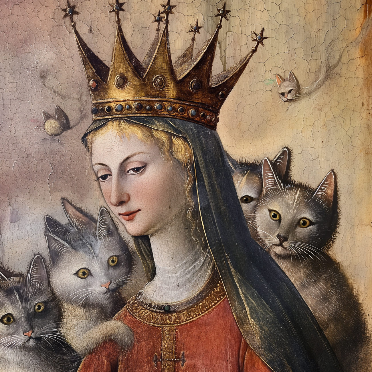 A closeup of a queen with gray cats.