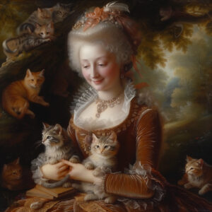 A Rococo noblewoman in brown velvet with kittens.