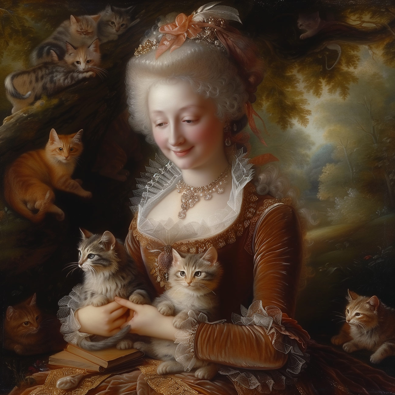 A Rococo noblewoman in brown velvet with kittens.