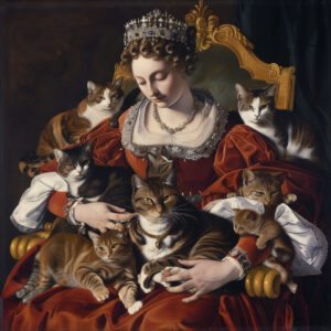 A queen in brown velvet with cats.