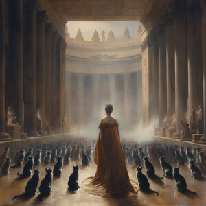 A queen in a colonnaded palace, with cats.