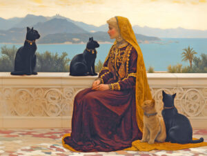 A queen in burgundy and gold with cats, by the sea.