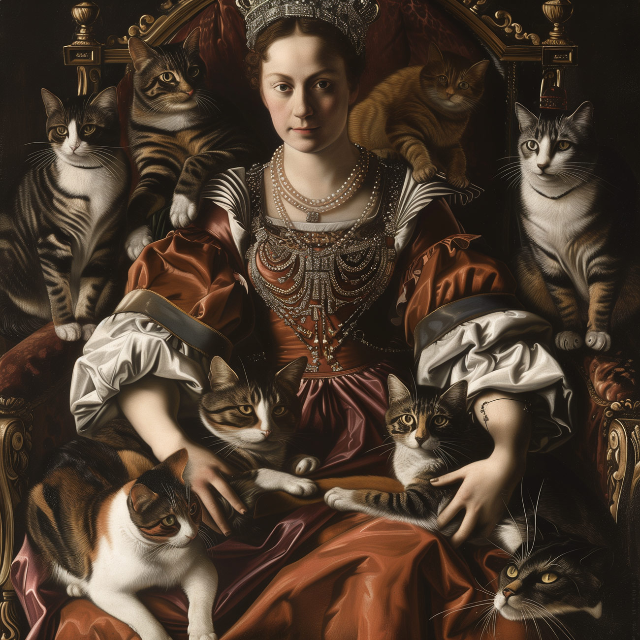 A queen in copper and silver satin with cats.