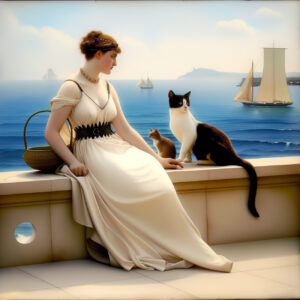 A queen in white with cats by the sea.
