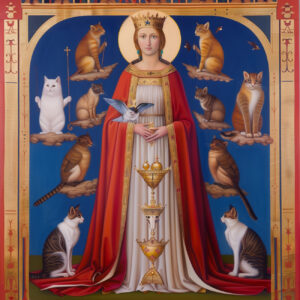 A saintly queen in red and white with cats.