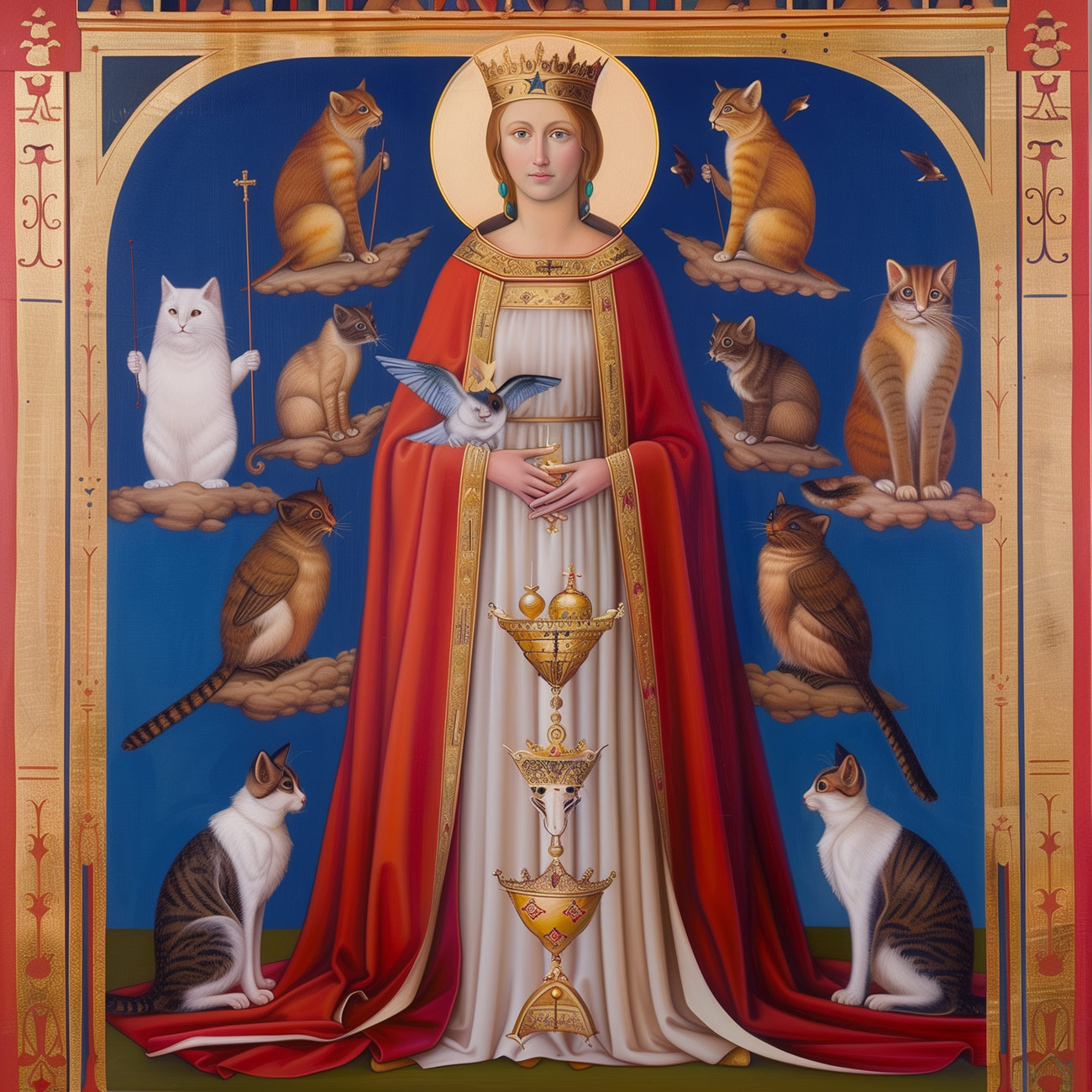 A saintly queen in red and white with cats.