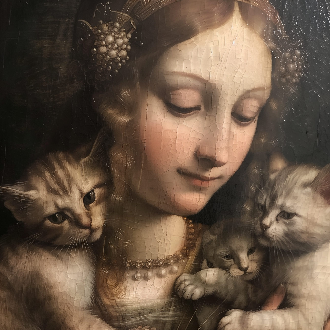 A closeup of a noblewoman with kittens.