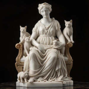 A marble statue of noblewoman with cats.