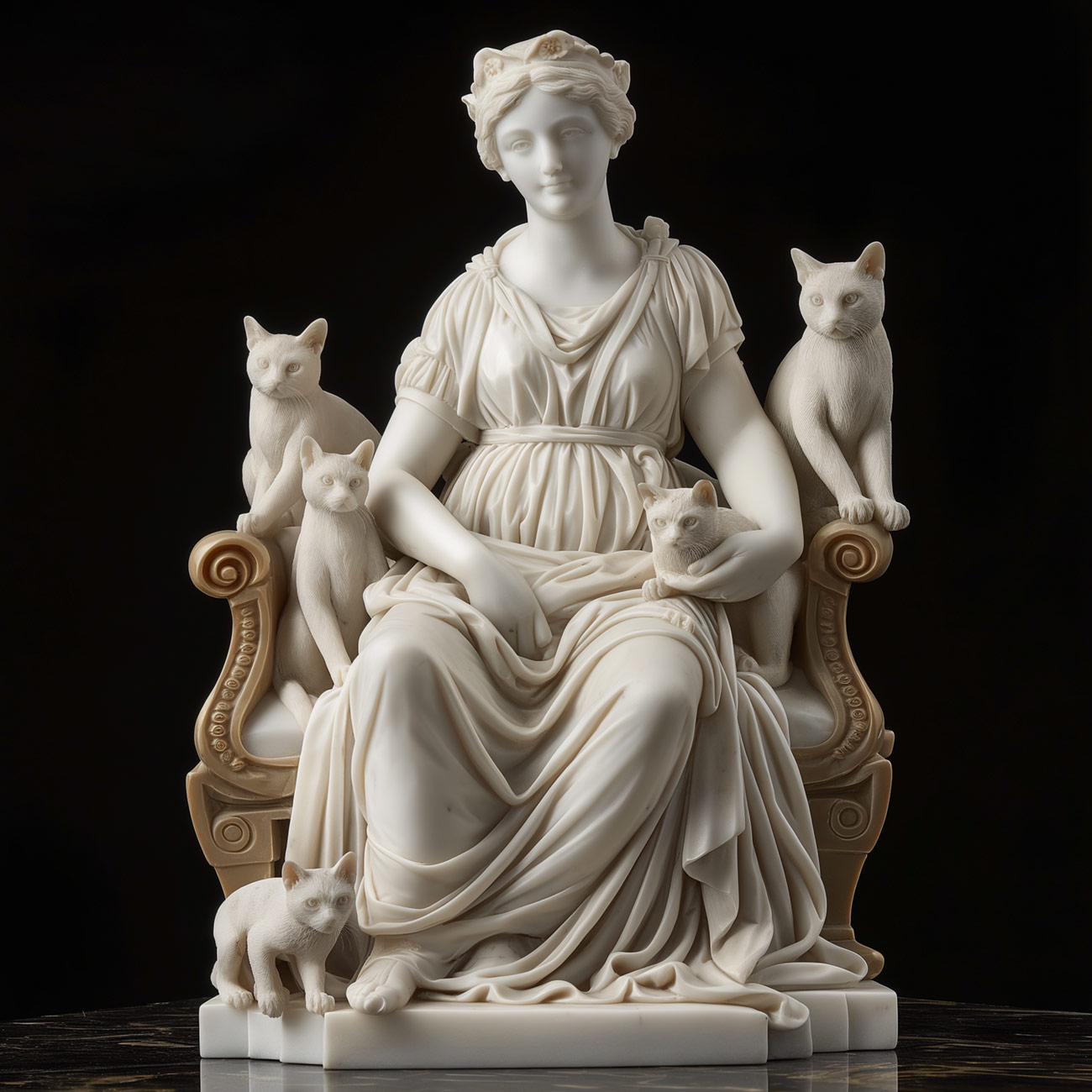 A marble statue of noblewoman with cats.