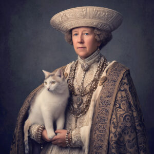 A queen in elaborate robes with a cat.