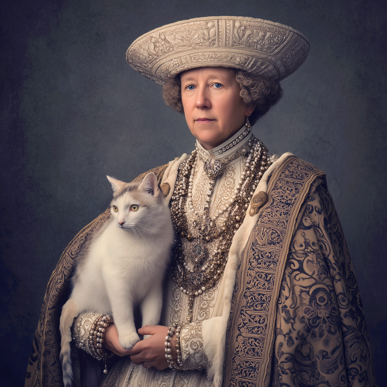 A queen in elaborate robes with a cat.