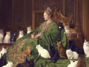 A dozing queen in green with cats.