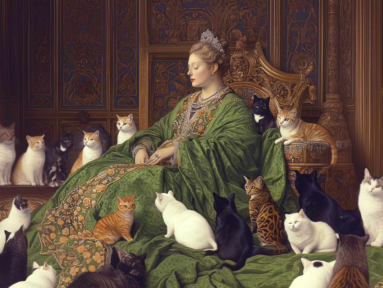A dozing queen in green with cats.