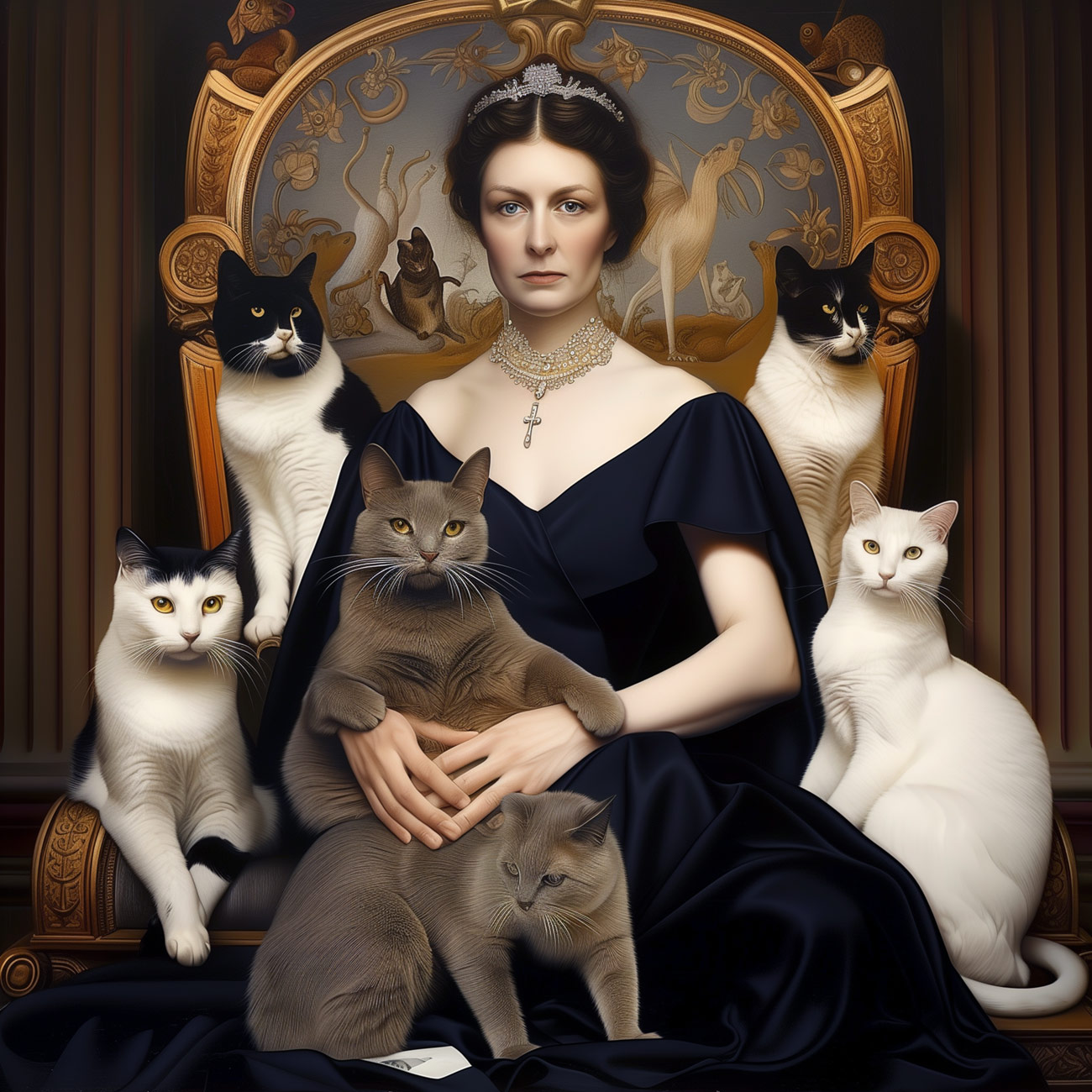 A queen in black with cats.