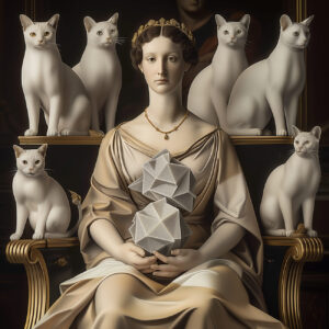 A queen with geometric solids and cats.
