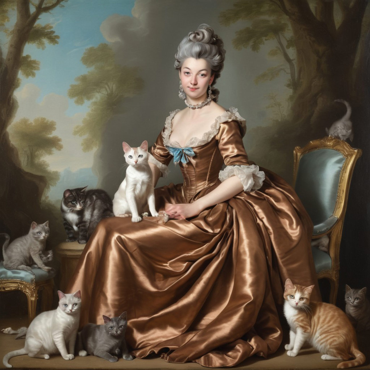 A Rococo queen with cats.