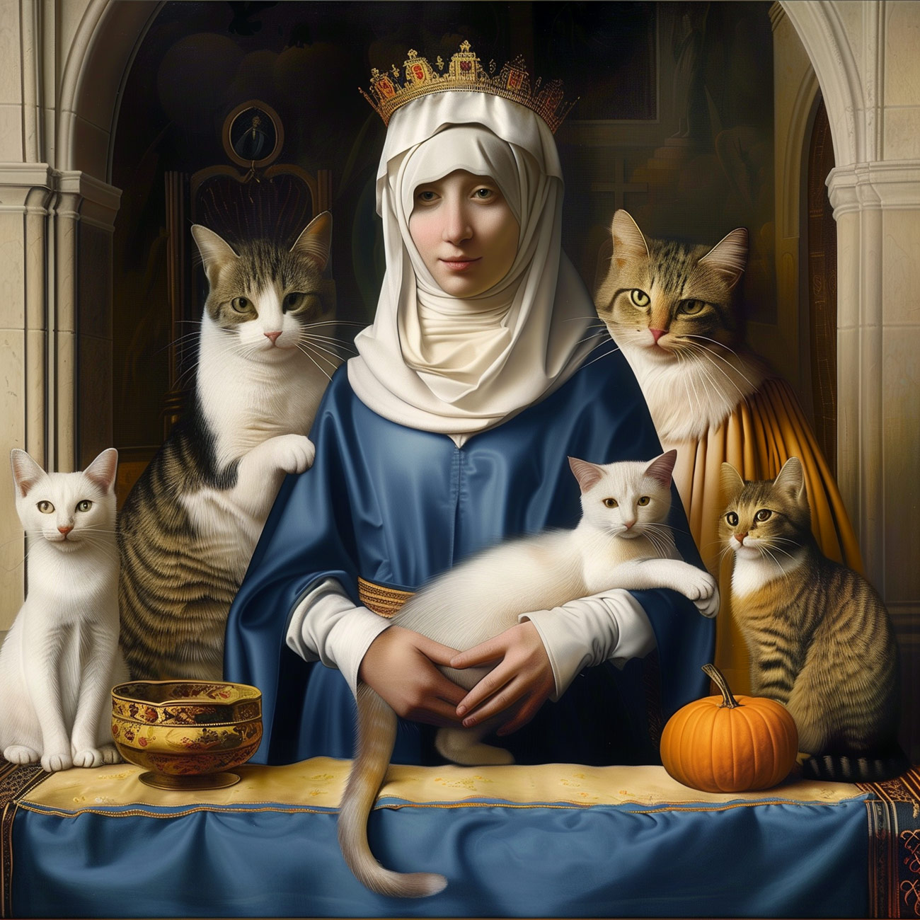 A queen in blue and white with cats.