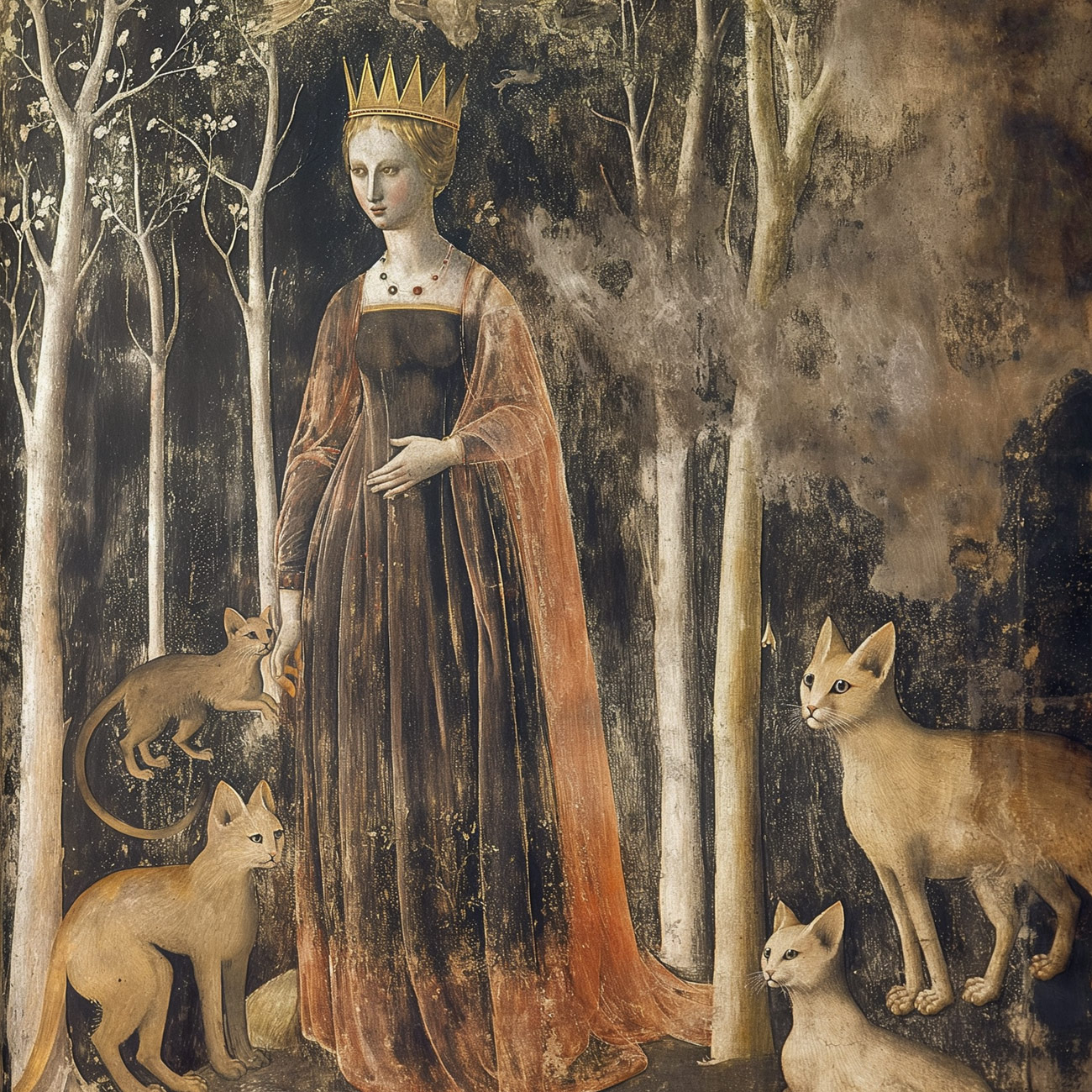 A queen in a forest with cats.