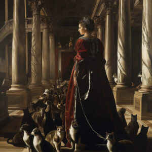 A queen in a palace with cats.