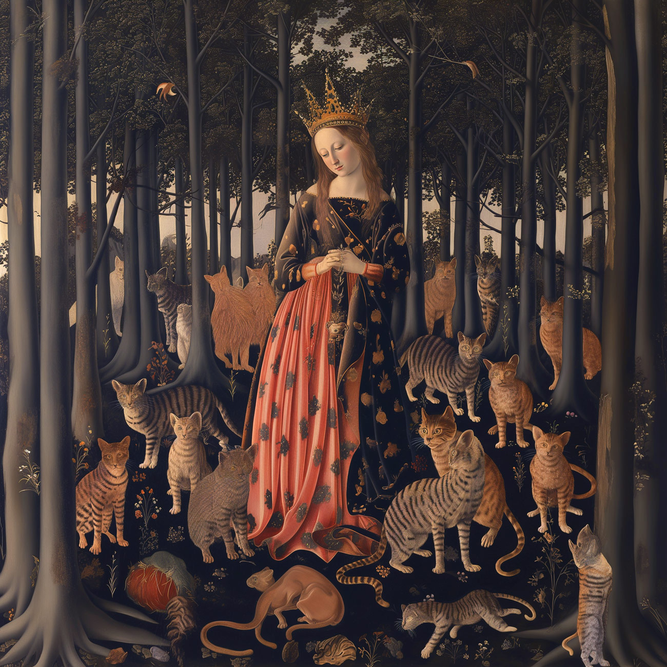 A queen in a forest with cats.