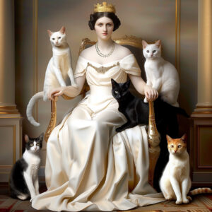 A queen in white with cats.